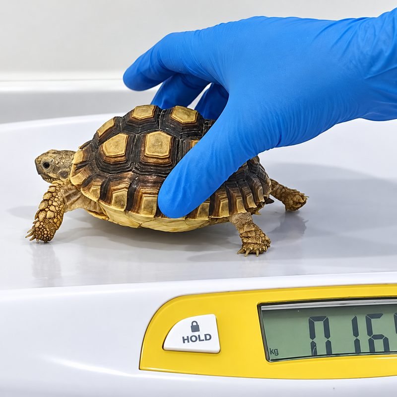 Tortoise being weighed on a scale during a wellness check