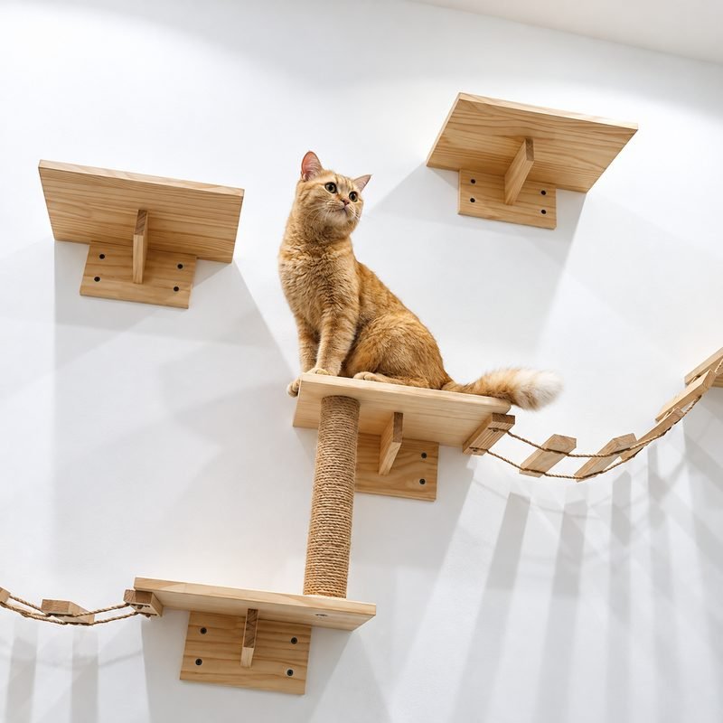 Ginger cat relaxing on wall-mounted cat furniture