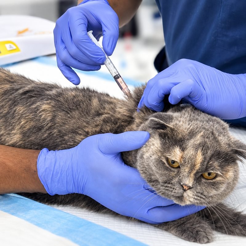 Cat receiving an injection during a clinic visit