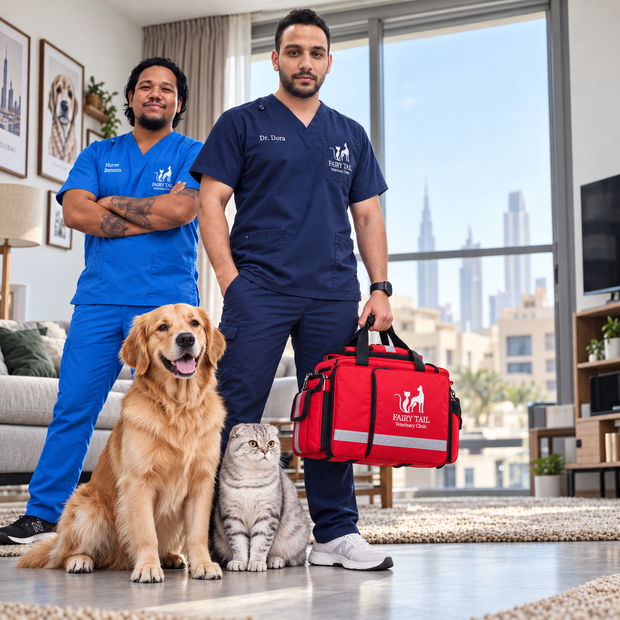 Fairy Tail Veterinary Clinic staff with dog and cat and home visit kit bag